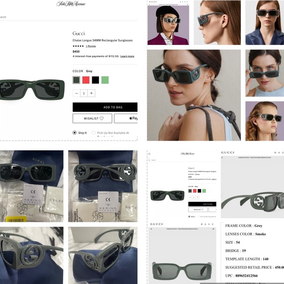 GUCCI 2023 RECTANGLE IN A SMOKE GREEN COLOR WITH MAXI BOLD “GG” LOGO SUNGLASSES - Picture 13 of 16